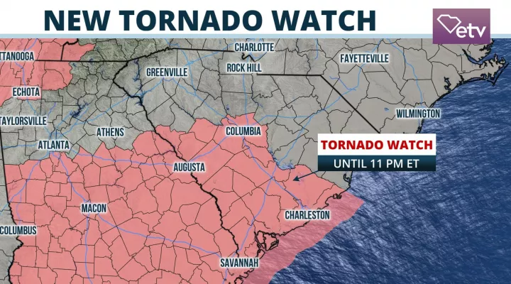  A Tornado Watch is in effect for much of the Midlands and Lowcountry through Wednesday evening.