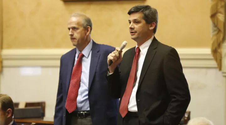 South Carolina Senate Majority Leader Shane Massey, right, R-Edgefield, moves for the Senate to adjourn as Sen. Tom Corbin, left, R-Travelers Rest, listens on Thursday, March 24, 2022, in Columbia, S.C. (AP Photo/Jeffrey Collins)