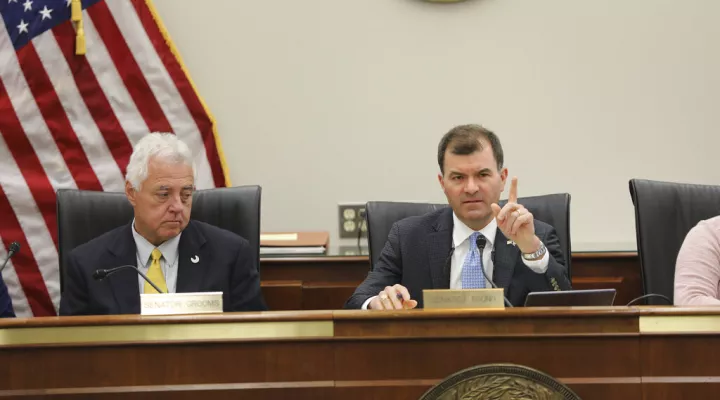 South Carolina Sen. Larry Grooms, R-Bonneau, left, and Tom Young, R-Aiken, right, attend a Senate subcommittee hearing on how to change the University of South Carolina Board of Trustees on Thursday, April 21, 2022, in Columbia, S.C. (AP Photo/Jeffrey Collins)
