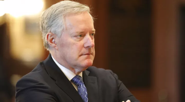 Former White House Chief of Staff Mark Meadows listens during an announcement of the creation of a new South Carolina Freedom Caucus based on a similar national group at a news conference on Wednesday, April 20, 2022 in Columbia, S.C. (AP Photo/Jeffrey Collins)