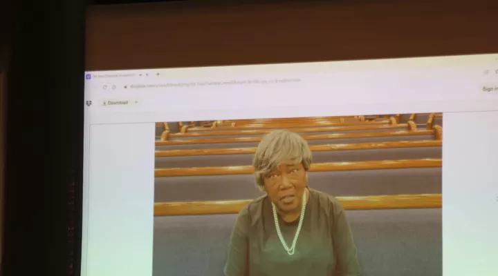 Charleston church massacre survivor Polly Sheppard speaks in a video asking to pass a hate crimes law in the South Carolina Senate on Wednesday, April 27, 2022, in Columbia, S.C. (AP Photo/Jeffrey Collins)
