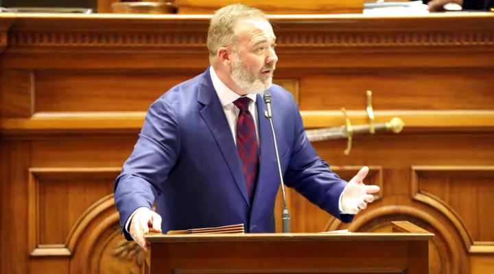 South Carolina Sen. Stephen Goldfinch, R-Murrells Inlet, speaks against a $1 billion income tax rebate, saying the House won't agree to it during a budget debate on Wednesday, April 27, 2022, in Columbia, S.C. (AP Photo/Jeffrey Collins)
