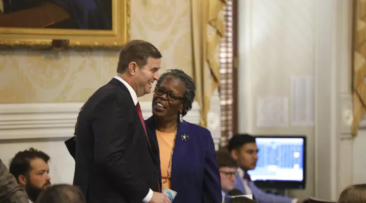 South Carolina Rep. Murrell Smith, R-Sumter, left, talks to Rep. Gilda Cobb-Hunter, D-Orangeburg, right before he is chosen as speaker-elect on Thursday, April 28, 2022, in Columbia, S.C. (AP Photo/Jeffrey Collins)