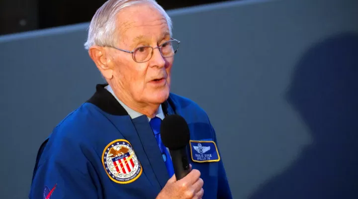 Retired NASA astronaut Charlie Duke speaks to a group of middle school students at the South Carolina State Museum on Friday, April 29, 2022, in Columbia, S.C. Duke, 86, is one of four U.S. astronauts still living who walked on the moon during the Apollo program. (AP Photo/Meg Kinnard)