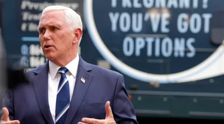 Former Vice President Mike Pence speaks to reporters after touring a mobile ultrasound unit on Thursday, May 5, 2022, in Spartanburg, S.C. Pence made his second trip to the state in less than a week to headline a fundraiser for a crisis pregnancy center in early-voting South Carolina as he continues to mull a possible 2024 presidential bid. (AP Photo/Meg Kinnard)