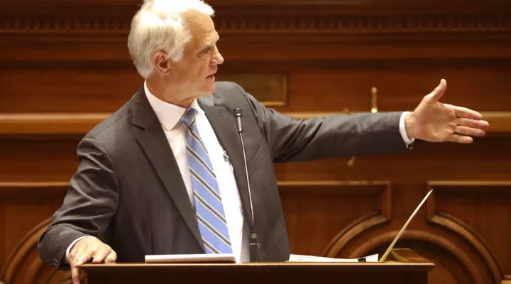 South Carolina Sen. Chip Campsen, R-Isle of Palms, talks about a bill allowing early voting in the state on Wednesday, April 20, 2022, in Columbia, S.C. (AP Photo/Jeffrey Collins)