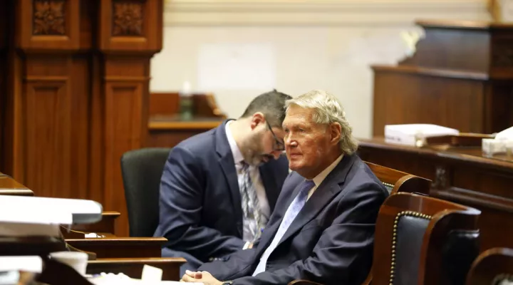 South Carolina Senate Finance Chairman Harvey Peeler, R-Gaffney, listens as the Senate debates the state budget, Tuesday, April 26, 2022, in Columbia, S.C. (AP Photo/Jeffrey Collins)