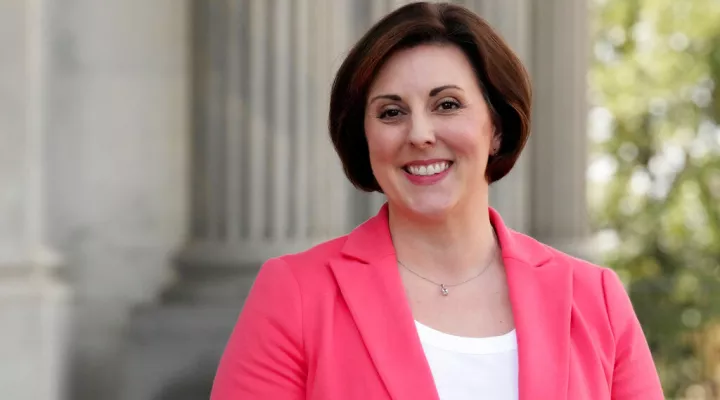 FILE - School-choice advocate Ellen Weaver smiles during a stop at the Statehouse on Monday, March 7, 2022, in Columbia, S.C. Weaver has received endorsements from a number of officials across South Carolina in her campaign for education superintendent. (AP Photo/Meg Kinnard, File)