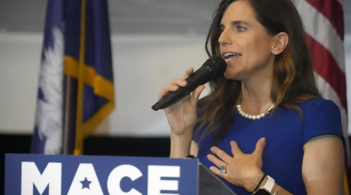 U.S. Rep. Nancy Mace of South Carolina speaks to supporters at her election night event after defeating former state Rep. Katie Arrington in the 1st District primary on Tuesday, June 14, 2022, in Mount Pleasant, S.C. Arrington had the backing of former President Donald Trump, who backed Mace during her 2020 run but soured on her following her criticism of him following the Capitol violence in 2021. (AP Photo/Meg Kinnard)