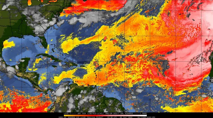  The Saharan Air Layer can easily be seen from space by looking at GOES-18 satellite imagery. Shades of yellow, orange and red indicate arid air coming from the Saharan Desert.