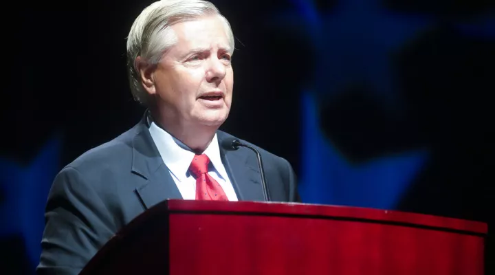 FILE - Sen. Lindsey Graham, R-S.C., addresses a South Carolina GOP dinner July 29, 2022, in Columbia, S.C. Graham has brought on former President Donald Trump's former White House counsel Don McGahn, who was in federal court in Atlanta last week as part of a legal team fighting a subpoena for Graham(AP Photo/Meg Kinnard, File)