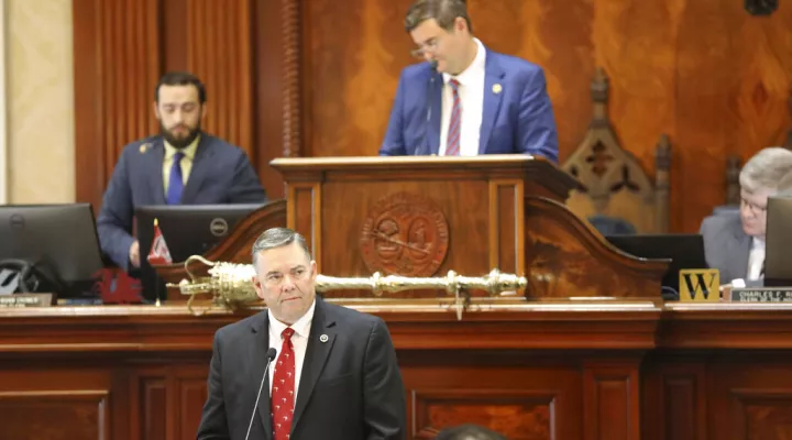 South Carolina Rep. John McCravy, R-Greenwood, talks about a total ban on abortion he has proposed during the House session on Tuesday, Aug. 30, 2022, in Columbia, S.C. (AP Photo/Jeffrey Collins)