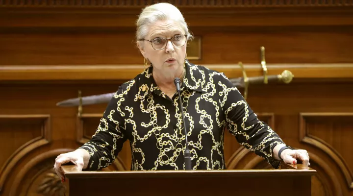 Republican South Carolina Sen. Katrina Shealy speaks about a bill banning abortion on the Senate floor on Wednesday, Sept. 7, 2022, in Columbia, S.C. (AP Photo/Jeffrey Collins)