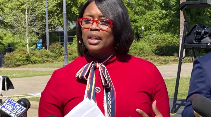 FILE - South Carolina Rep. Krystle Matthews, D-Ladson, announces she will run for U.S. Senate in 2022 against Sen. Tim Scott, R-S.C., during a news conference on April 13, 2021, in Columbia, S.C. Matthews is facing calls from within her own party to fold her campaign, following the publication of additional leaked audio in which she appears to make disparaging remarks about her constituents. (AP Photo/Jeffrey Collins, File)