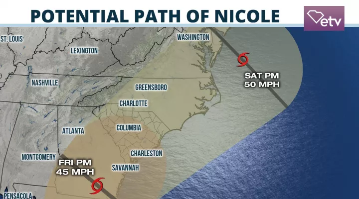  By late-week, Nicole is expected to bring impacts to the Carolinas in the form of wind, rain, and storm surge along the coast.