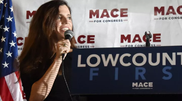 FILE - In this Monday, Sept. 21, 2020, file photo U.S. House candidate Nancy Mace speaks at a campaign event in North Charleston, S.C. In her first reelection campaign, U.S. Rep. Mace said Wednesday, Oct. 6, 2021, that she’s raised more than any other South Carolina congressional candidate thus far for 2022, seeking to maintain the GOP's hold on a district that has changed party hands twice in as many election cycles. (AP Photo/Meg Kinnard, File)