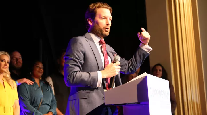  Former Congressman Joe Cunningham (D) thanked supporters at the American Theater in downtown Charleston as he conceded to newly re-elected Governor Henry McMaster. Nov. 8, 2022