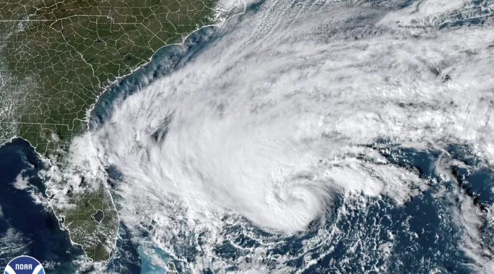 This GOES-East GoeColor satellite image taken at 2:36 p.m. EST and provided by NOAA shows Tropical Storm Nicole approaching toward the northwestern Bahamas and Florida’s Atlantic coastline on Tuesday, Nov. 8, 2022. (NOAA via AP)