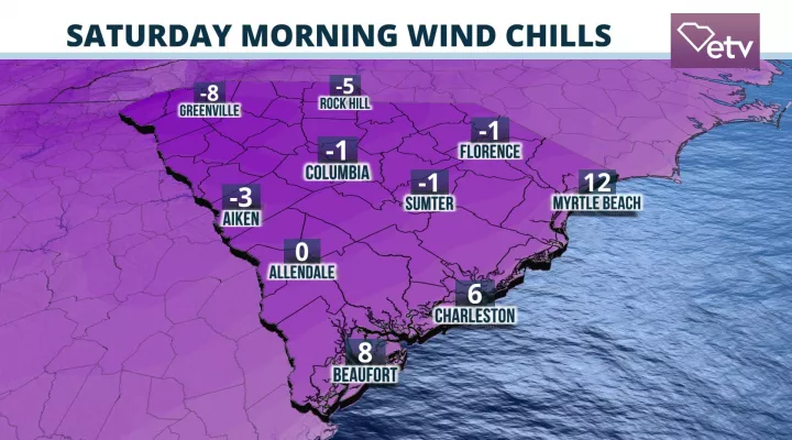  Wind chills could be below zero in portions of the Upstate Saturday morning.