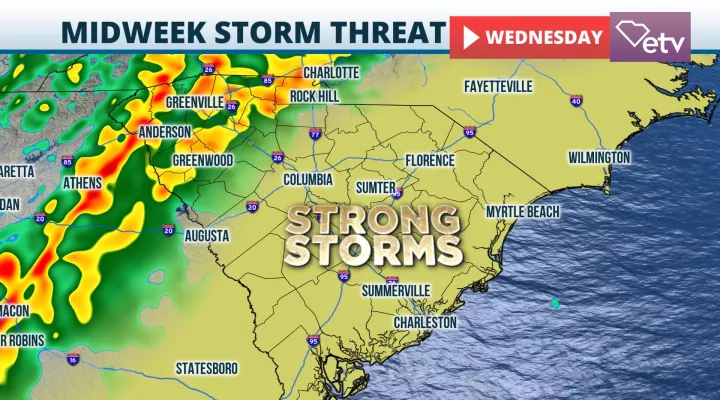  A cold front will provide the spark for strong thunderstorms across the Palmetto State Wednesday.