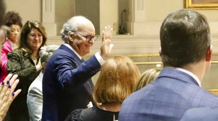 Judge Gary Hill waves after lawmakers voted to make him the next state Supreme Court justice on Wednesday, Feb. 8, 2023, in Columbia, S.C. Hill's replacement of the retiring Justice Kaye Hearn means South Carolina is the only state without a woman on its Supreme Court. (AP Photo/James Pollard)