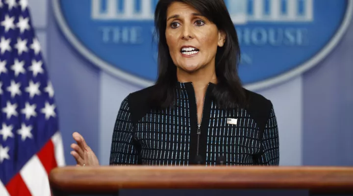 FILE - U.S. Ambassador to the United Nations Nikki Haley speaks during a news briefing at the White House, in Washington, Sept. 15, 2017. Haley, the former South Carolina governor and United Nations ambassador, announced her candidacy for president on Tuesday, becoming the first major challenger to former President Donald Trump for the 2024 Republican nomination.  (AP Photo/Carolyn Kaster, File)