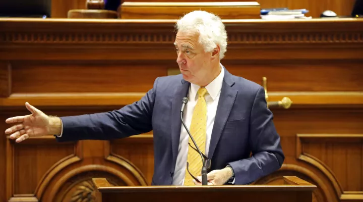 FILE - State Sen. Larry Grooms, R-Bonneau, speaks about his bill that would allow doctors and other medical professionals to refuse to do certain procedures because of their religious beliefs on Tuesday, May 10, 2022, in Columbia. S.C. (AP Photo/Jeffrey Collins)