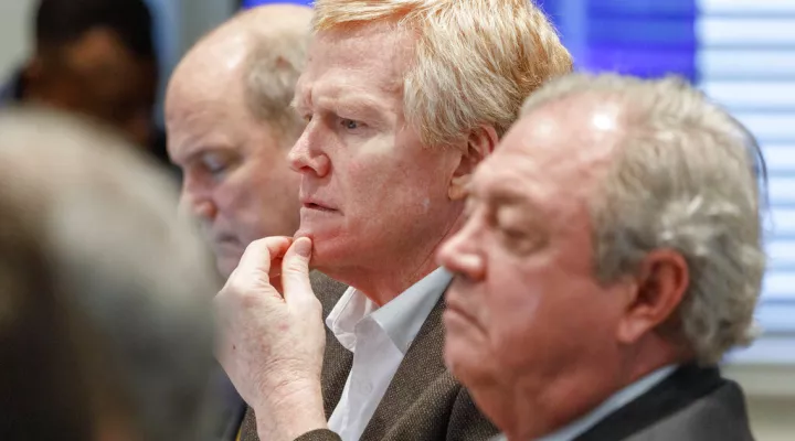 Alex Murdaugh, center, listens to a recording of himself retelling how he was shot in a bizarre roadside incident in Sept. 2021, during his double murder trial at the Colleton County Courthouse on Thursday, Feb. 16, 2023, in Walterboro, S.C. The 54-year-old attorney is standing trial on two counts of murder in the shootings of his wife and son at their Colleton County home and hunting lodge on June 7, 2021. (Grace Beahm Alford/The Post And Courier via AP, Pool)