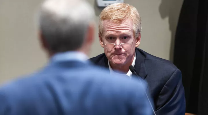 Alex Murdaugh is cross examined by prosecutor Creighton Waters after taking the stand during his murder trial at the Colleton County Courthouse in Walterboro, S.C., on Thursday, Feb. 23, 2023. The 54-year-old attorney is standing trial on two counts of murder in the shootings of his wife and son at their Colleton County, S.C., home and hunting lodge on June 7, 2021. (Joshua Boucher/The State via AP, Pool)