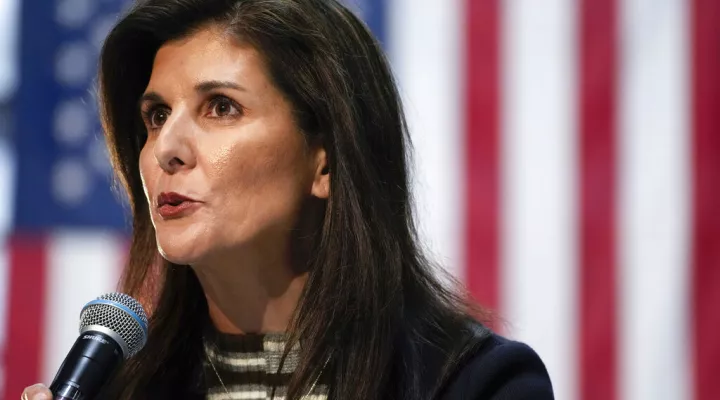 FILE - Republican presidential candidate Nikki Haley speaks to voters at a town hall campaign event, Monday, Feb. 20, 2023, in Urbandale, Iowa. (AP Photo/Charlie Neibergall, File)