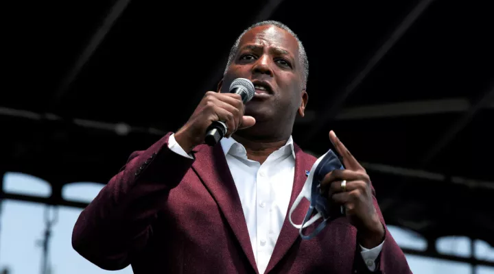 FILE - Columbia Mayor Steve Benjamin speaks at a campaign rally for Democratic Senate hopeful Jaime Harrison of South Carolina, Oct. 26, 2020, in Columbia, S.C. President Joe Biden on Monday, Feb. 27, 2023, announced the appointment of former Columbia, South Carolina, Mayor Steve Benjamin as a top adviser, filling a key White House role from a state that has become crucial to the Democratic Party ahead of the 2024 election cycle. (AP Photo/Meg Kinnard, File)