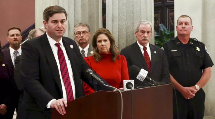 South Carolina House Speaker Murrell Smith speaks at a press conference in Columbia, S.C., on Wednesday, March 1, 2023. The South Carolina House approved additional sentences for people charged with a violent crime and then convicted of a second violent offense while released on bond. (AP Photo/James Pollard)