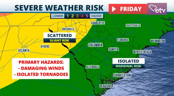 Storms could bring damaging winds and isolated tornadoes to the Palmetto State Friday.