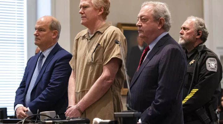 Alex Murdaugh sentenced to life in prison after conviction in double murder trial during his sentencing at the Colleton County Courthouse in Walterboro, S.C., on Friday, March 3, 2023 after he was found guilty on all four counts.  (Andrew J. Whitaker/The Post And Courier via AP, Pool)