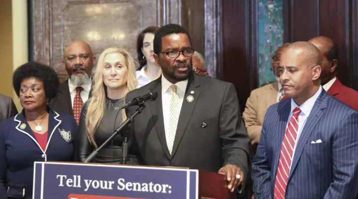 South Carolina Rep. Wendell Gillard, D-Charleston, speaks after the House passed his hate crimes bill on Wednesday, March 8, 2023, in Columbia, S.C. The bill would make the state the 49th in the country to pass a law allowing harsher punishments for violent hate crimes. (AP Photo/Jeffrey Collins)