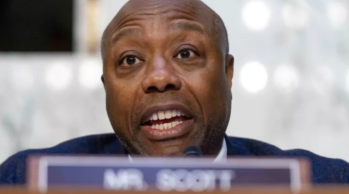 Ranking Member Sen. Tim Scott, R-S.C., speaks as Federal Reserve Chairman Jerome Powell testifies during a Senate Banking Committee hearing on Capitol Hill in Washington, Tuesday, March 7, 2023. (AP Photo/Andrew Harnik)
