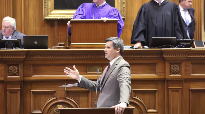 South Carolina Senate Majority Leader Shane Massey, R-Edgefield, speaks in favor of a bill that would limit the land holdings of foreign adversaries in the state on Wednesday, March 22, 2023, in Columbia, S.C. (AP Photo/Jeffrey Collins)