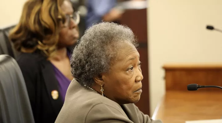 CORRECTS IDS - Emanuel AME shooting survivors Felicia Sanders, rear, and Polly Sheppard, front, speak during a South Carolina Senate subcommittee hearing on a hate crimes bill, Tuesday, March 28, 2023, in Columbia, S.C. (AP Photo/Jeffrey Collins)
