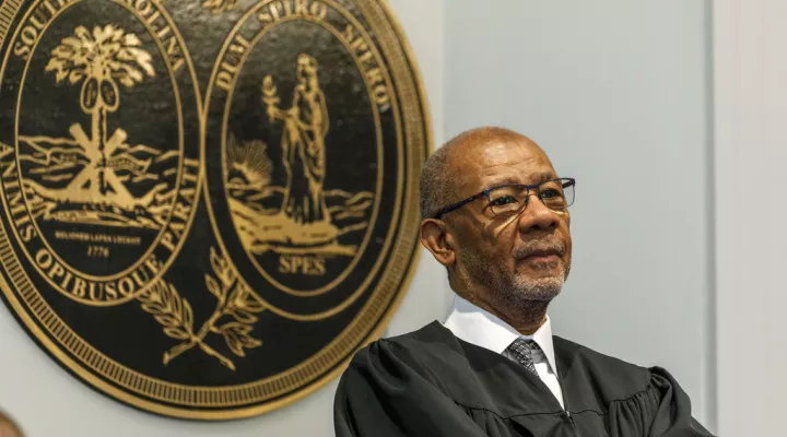 FILE - Judge Clifton Newman stands during a break in the Alex Murdaugh's double murder trial at the Colleton County Courthouse in Walterboro, S.C., on Jan. 27, 2023. Newman told his law school Tuesday, March 28, that he wasn't surprised the jury came back with a guilty verdict in three hours. Murdaugh received a life sentence for killing his wife and son in the six-week trial. (Grace Beahm Alford/The Post And Courier via AP, Pool, File)