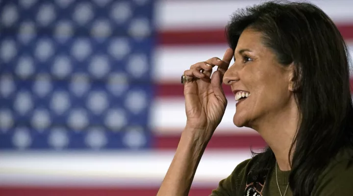 Republican presidential candidate, former ambassador to the United Nations Nikki Haley smiles while being introduced during a campaign stop Monday, March 27, 2023, in Dover, N.H. (AP Photo/Charles Krupa)
