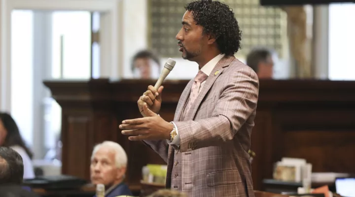 South Carolina Rep. Justin Bamberg, D-Bamberg, asks questions about a bill that would allow the state to keep secret the name of a company that sold it drugs used for lethal injections on Wednesday, April 19, 2023, in Columbia, S.C. (AP Photo/Jeffrey Collins)