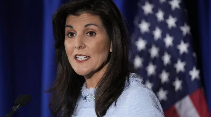 Republican presidential candidate, former ambassador to the United Nations Nikki Haley speaks about her abortion policy, Tuesday, April 25, 2023, in Arlington, Va. (AP Photo/Patrick Semansky)