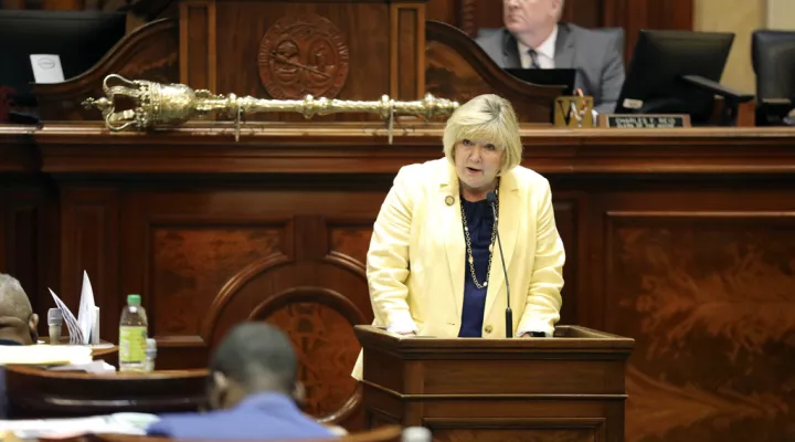 South Carolina Rep. Shannon Erickson, R-Beaufort, speaks in favor of an education voucher bill on Wednesday, April 26, 2023, in Columbia, S.C. (AP Photo/Jeffrey Collins)