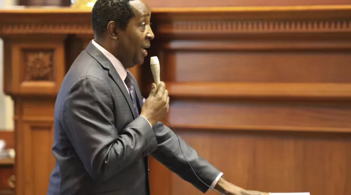 South Carolina Sen. Darrell Jackson, D-Hopkins, asks questions about a bill detailing how certain topics are taught and how parents can file complaints in state schools on Tuesday, May 2, 2023,  in Columbia, S.C. (AP Photo/Jeffrey Collins)