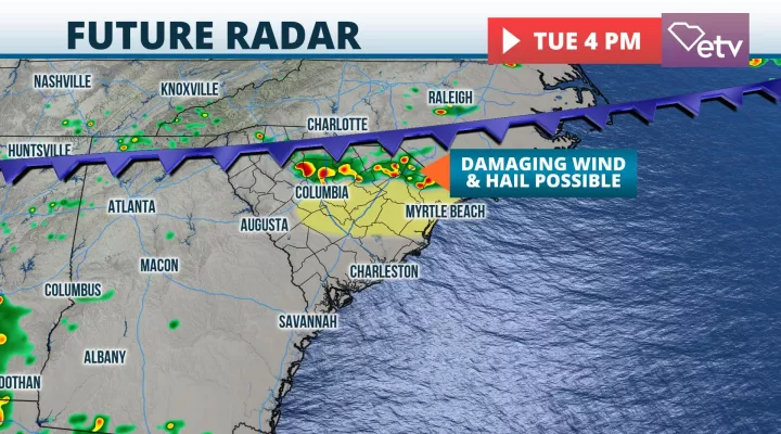  An approaching cold front could result in isolated to widely scattered strong storms capable of producing damaging winds and large hail Tuesday evening.