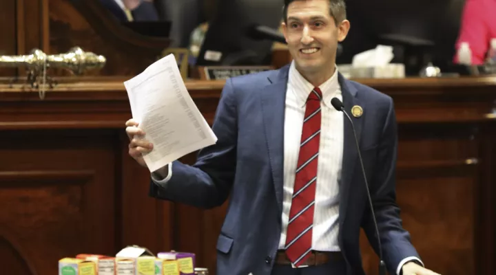South Carolina Rep. Adam Morgan, R-Taylors, speaks out against individual spending in member districts on Tuesday, May 9, 2023, in Columbia, S.C. (AP Photo/Jeffrey Collins)