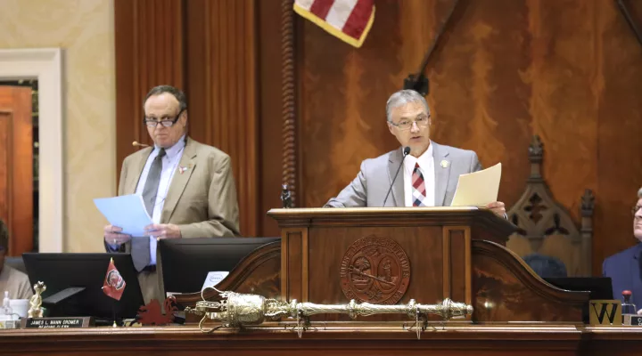 South Carolina Rep. Davey Hiott, R-Pickens, presides over the House as Speaker as the chamber begin debating an abortion bill on Tuesday, May 16, 2023, in Columbia, South Carolina. (AP Photo/Jeffrey Collins)