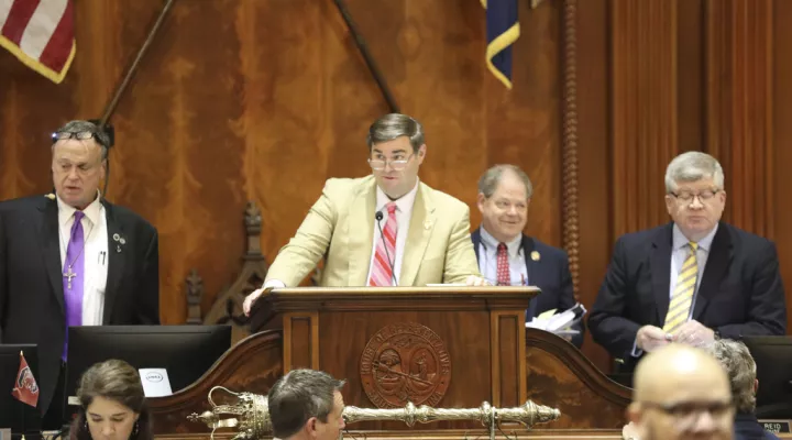 South Carolina House Speaker Murrell Smith presides over the House as it restarted its debate on an abortion bill, Wednesday, May 17, 2023, in Columbia, S.C. (AP Photo/Jeffrey Collins)