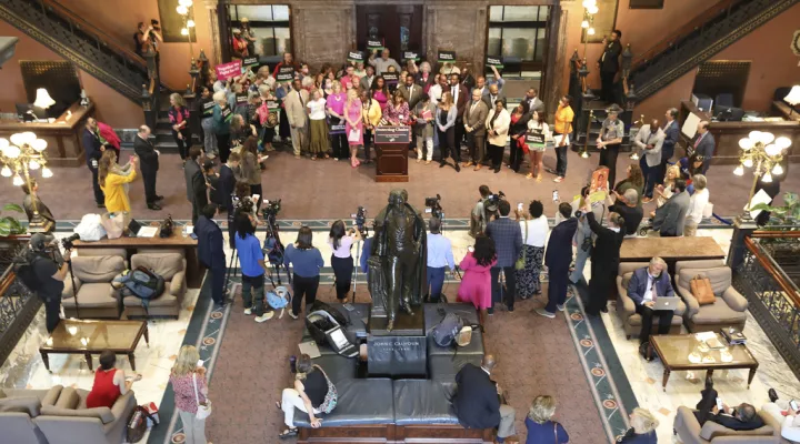 South Carolina House Democrats speak at a rally to people against an abortion bill being debated in the House on Tuesday, May 16, 2023, in Columbia, South Carolina. (AP Photo/Jeffrey Collins)