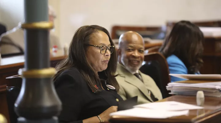 South Carolina Sen. Margie Bright Matthews, D-Walterboro, left, and Sen. Ronnie Sabb, D-Greeleyville, right, talk during a debate on a stricter law on abortion on Tuesday, May, 23, 2023, in Columbia, S.C. (AP Photo/Jeffrey Collins)